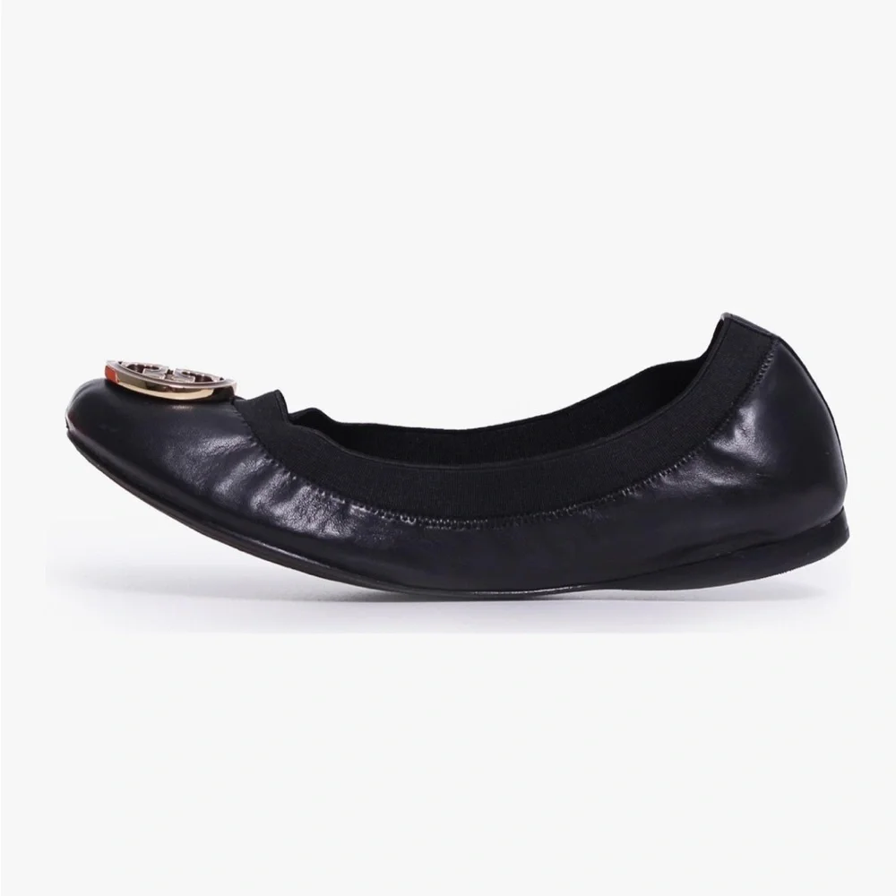 Tory Burch Caroline 2 Ballet Flats Patent Leather Logo Black Gold 6.5 Balletcore